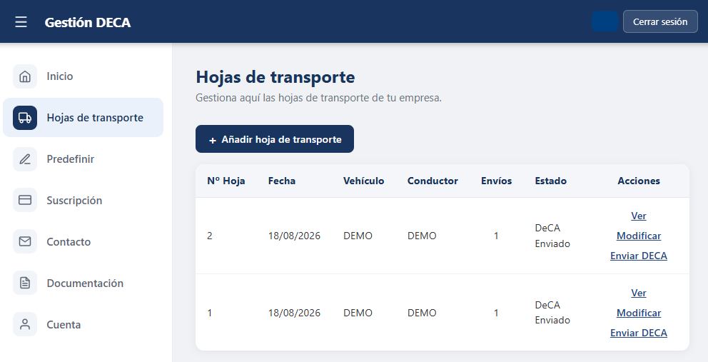 Vista de la aplicación Gestión DECA